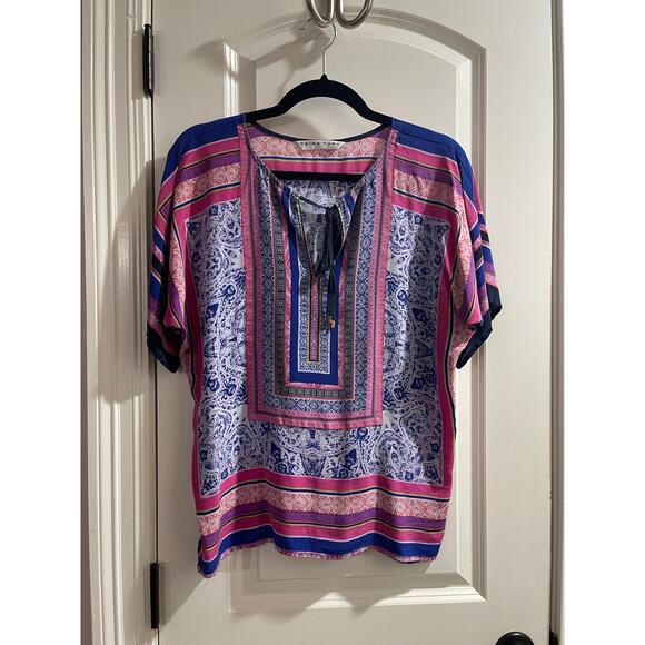 Trina Turk Multi Print Floria 100% Silk Blouse Top  XS EUC - Picture 3 of 8